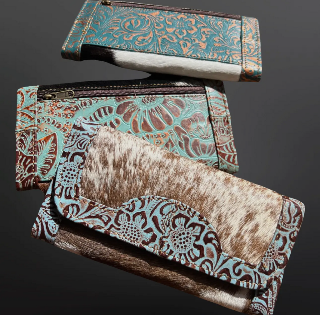 Turquoise stamped western cowhide leather wallet