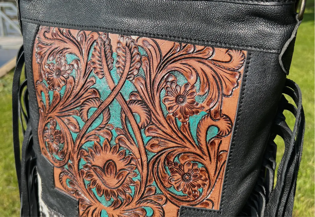 Western Tooled Leather Cowhide Purse-LargeBuckle Hand Bag