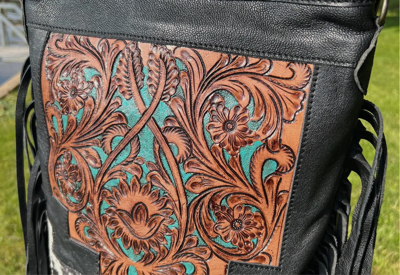 Western Tooled Leather Cowhide Purse-LargeBuckle Hand Bag
