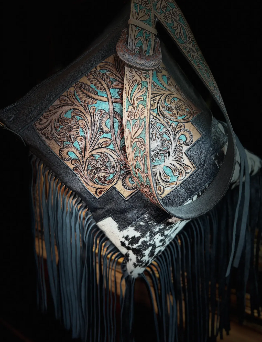 Western Tooled Leather Cowhide Purse-LargeBuckle Hand Bag