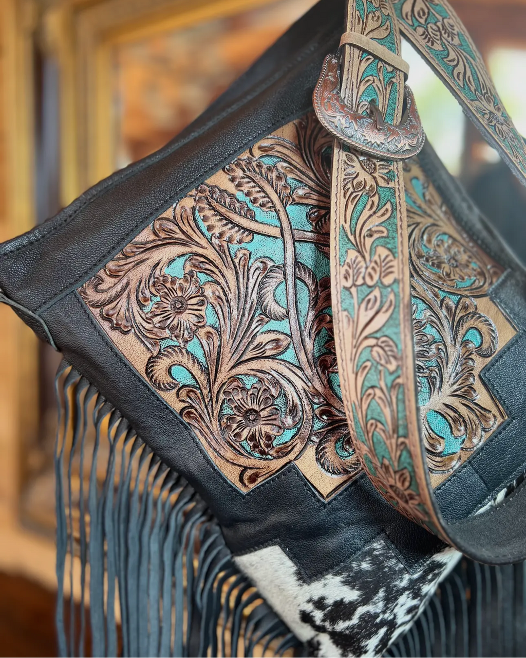 Western Tooled Leather Cowhide Purse-LargeBuckle Hand Bag