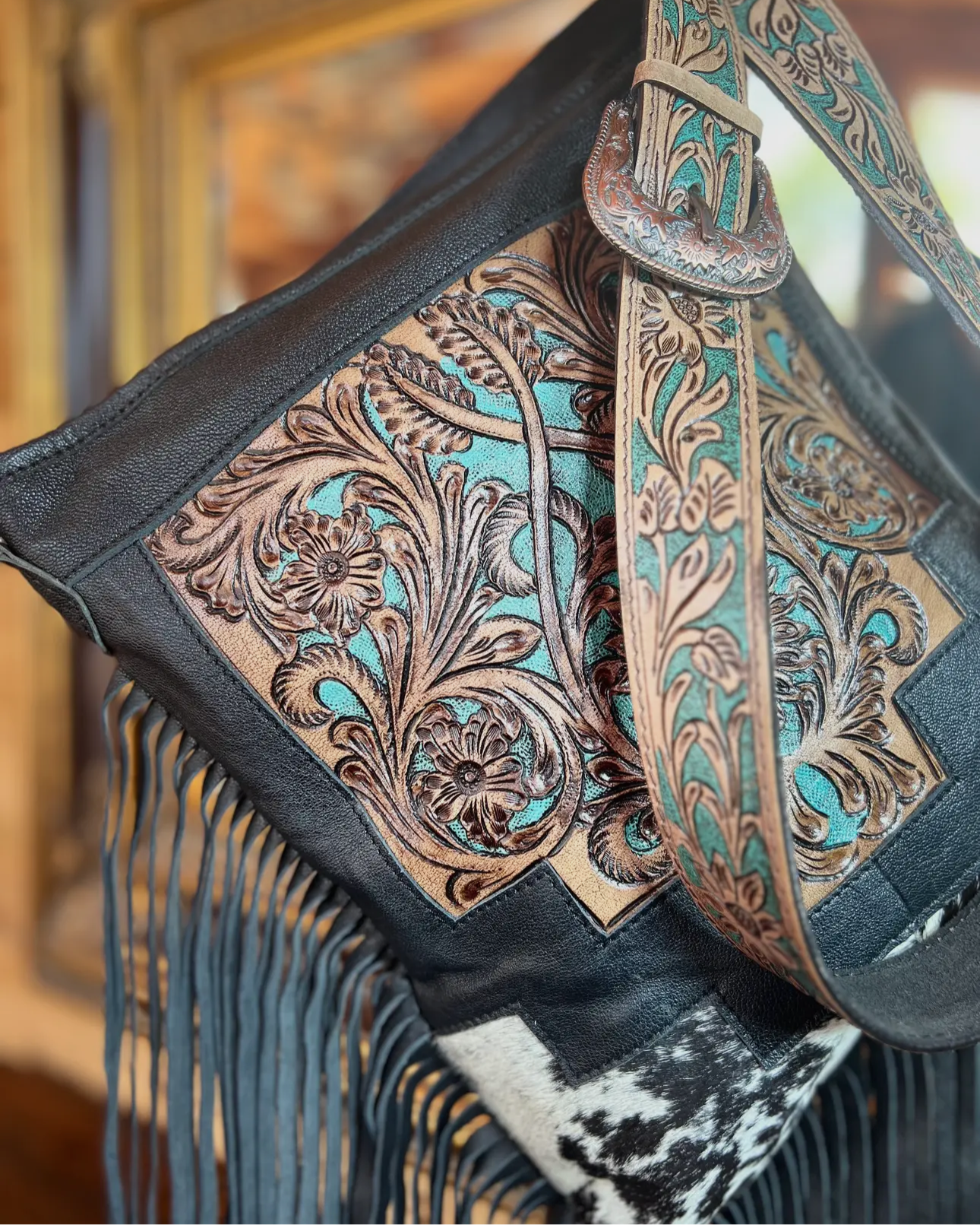 Western Tooled Leather Cowhide Purse-LargeBuckle Hand Bag
