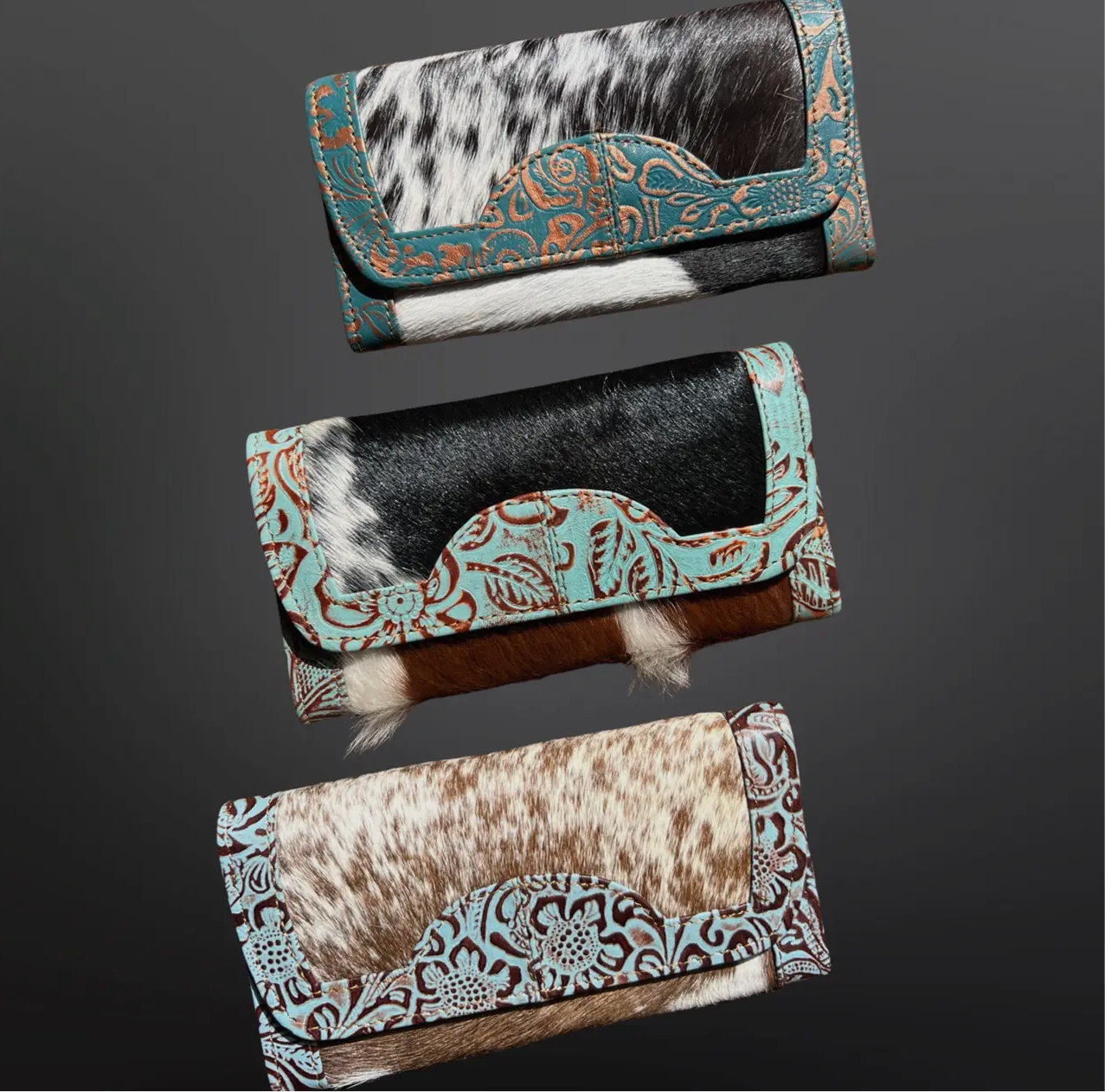 Turquoise stamped western cowhide leather wallet