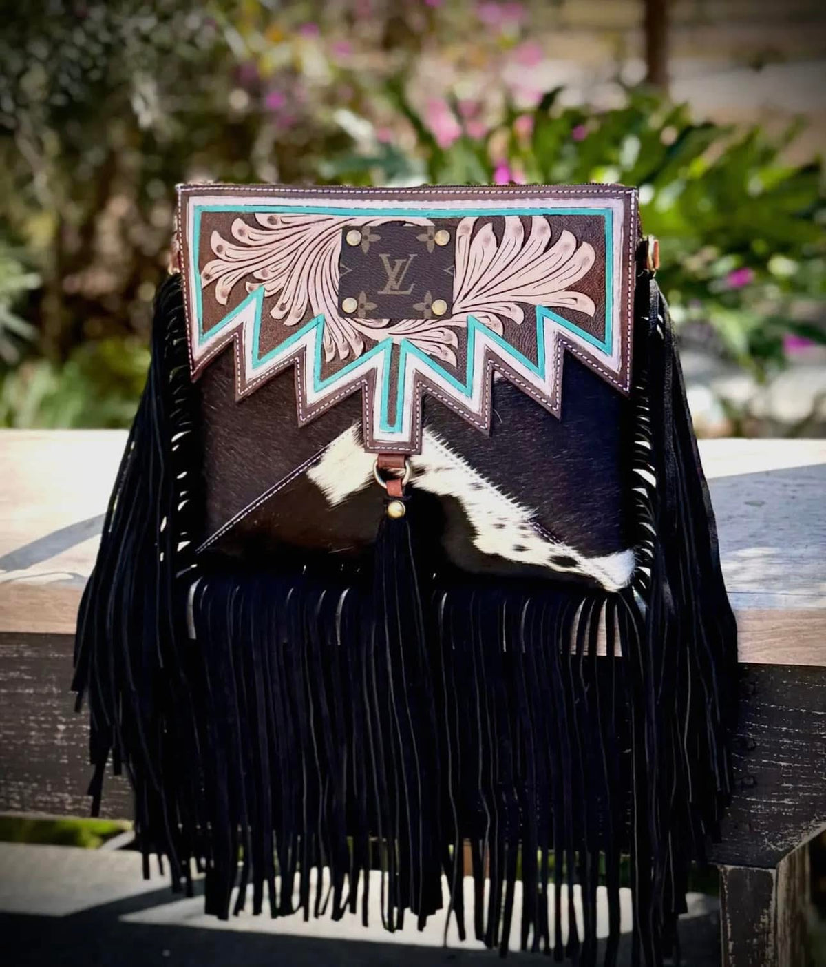 Tooled leather cowhide crossbody bag