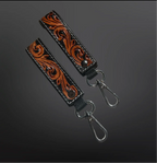 Tooled Leather Western Black Floral Keychain