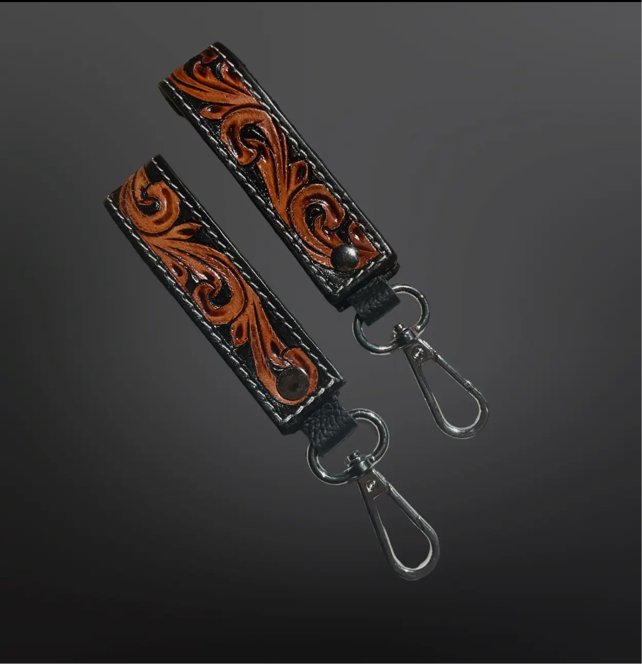 Tooled Leather Western Black Floral Keychain