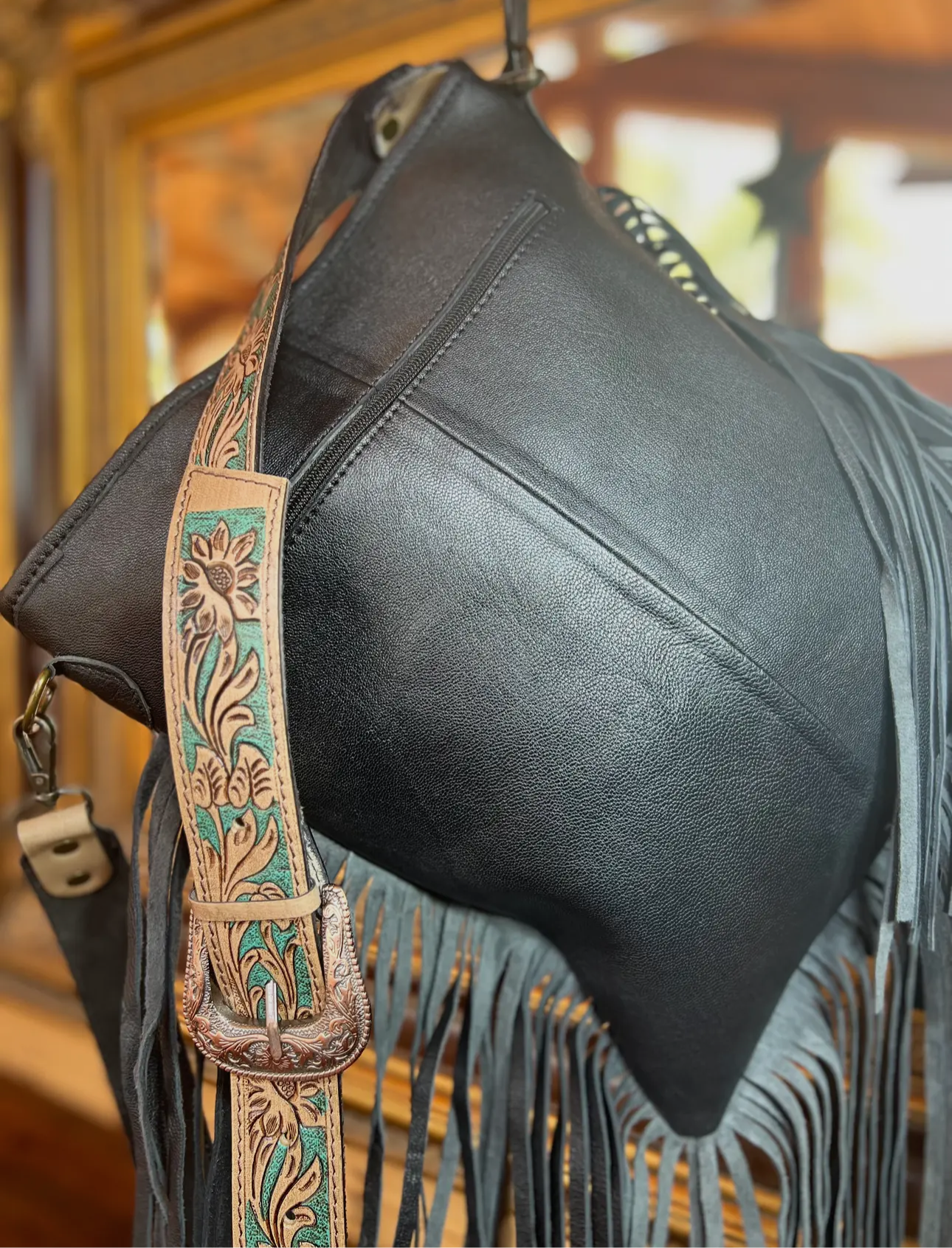 Western Tooled Leather Cowhide Purse-LargeBuckle Hand Bag
