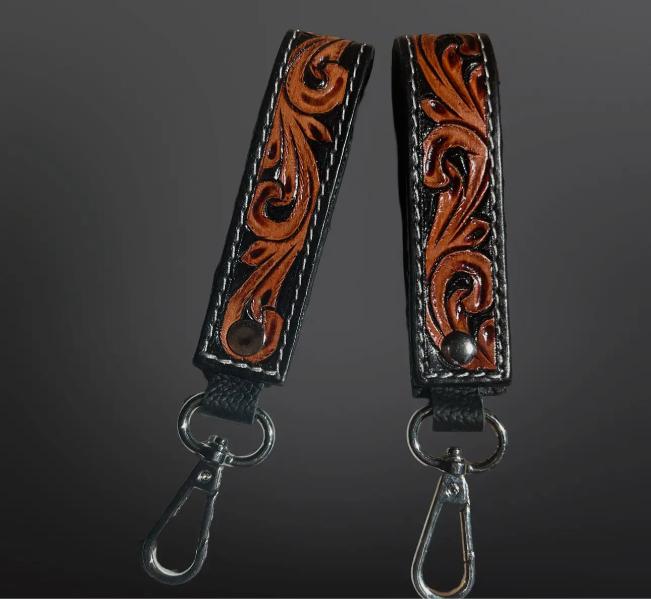 Tooled Leather Western Black Floral Keychain