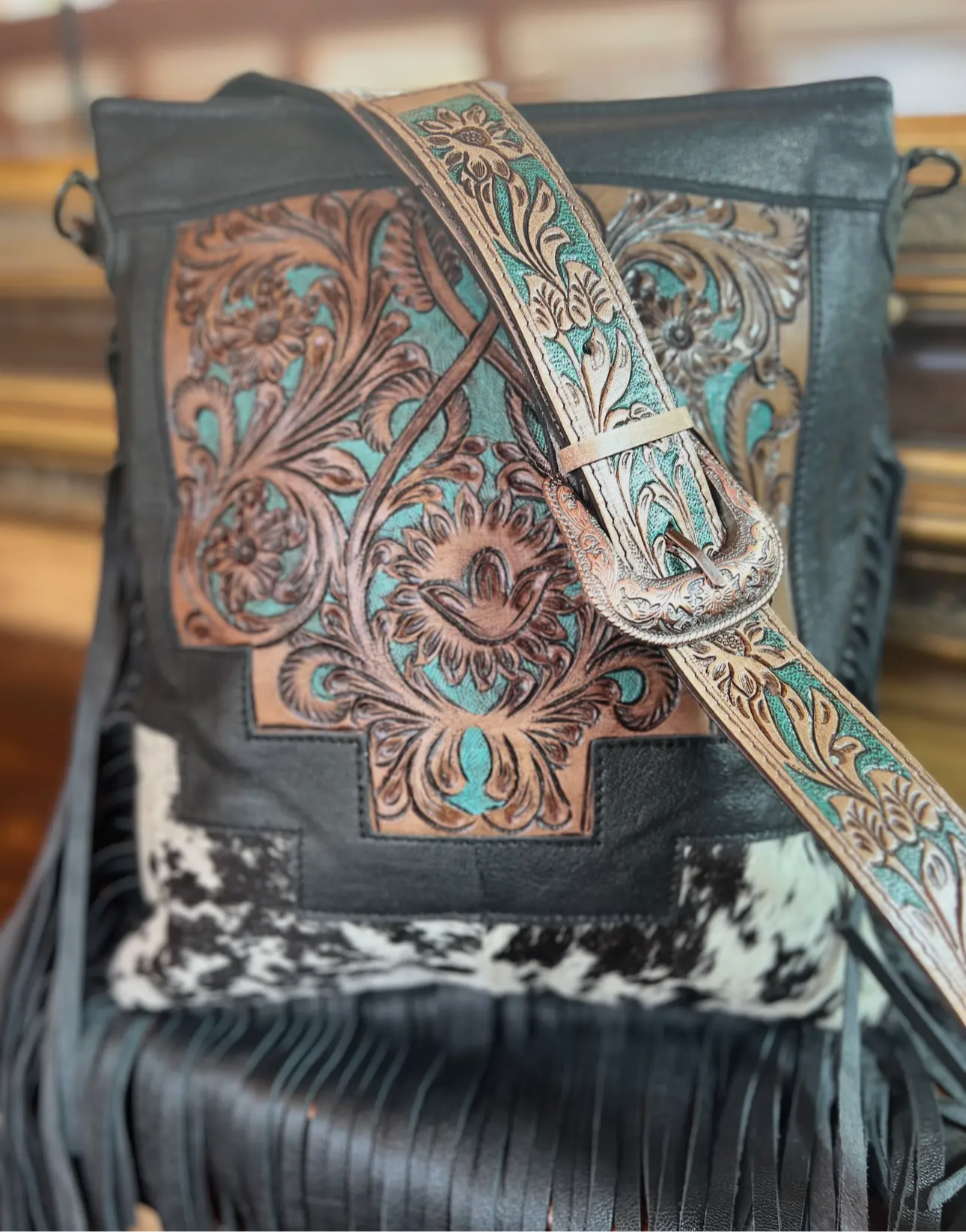 Western Tooled Leather Cowhide Purse-LargeBuckle Hand Bag