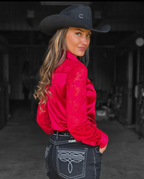 Pullover Button up with lace sleeves in red satin
